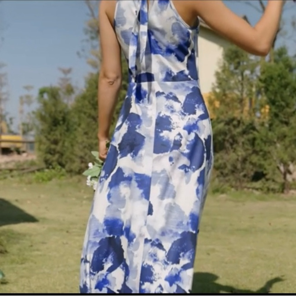 STYLEWORD Women's Halter Neck Tie Back Blue Floral Maxi Dress size XL - Picture 2 of 9